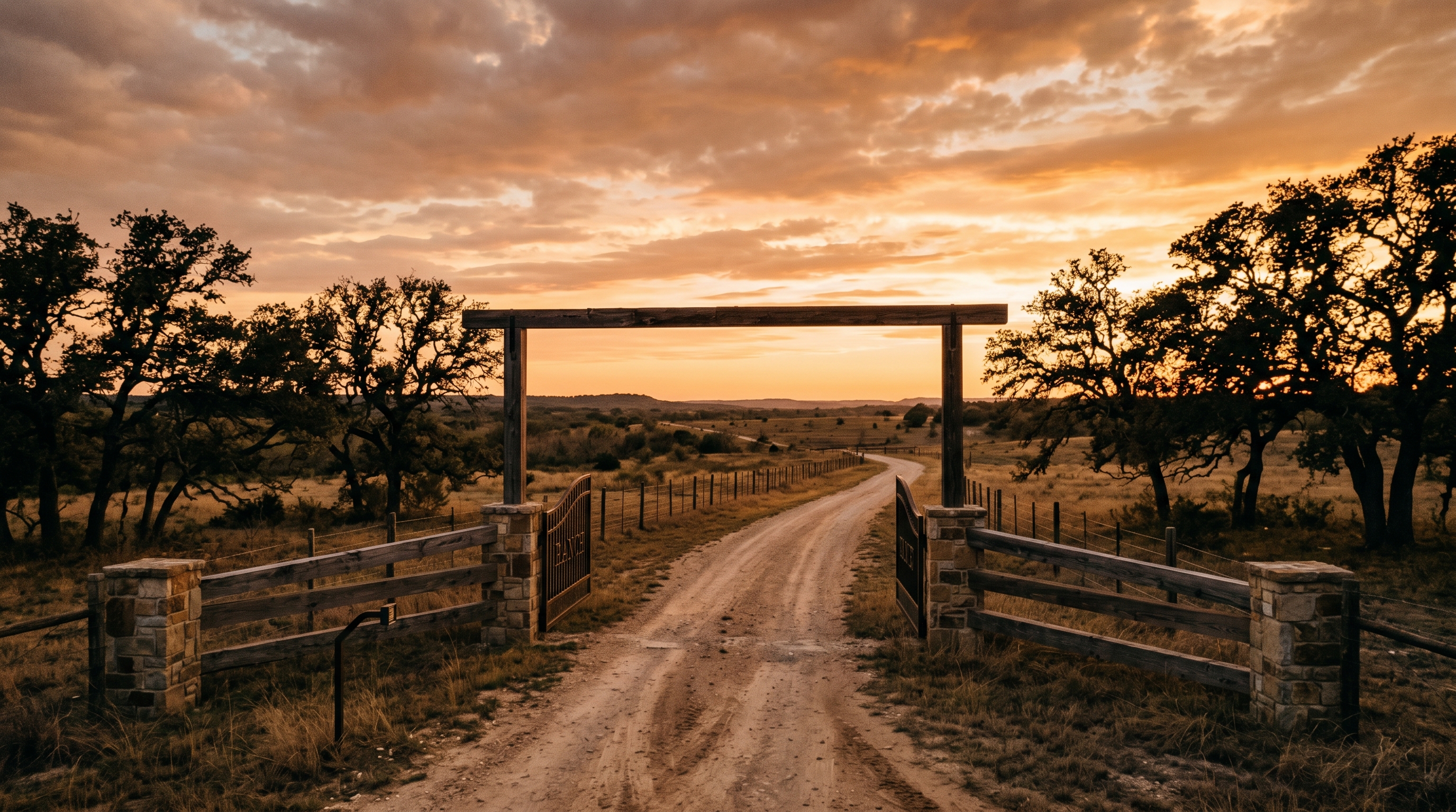 Texas ranch gate at sunset